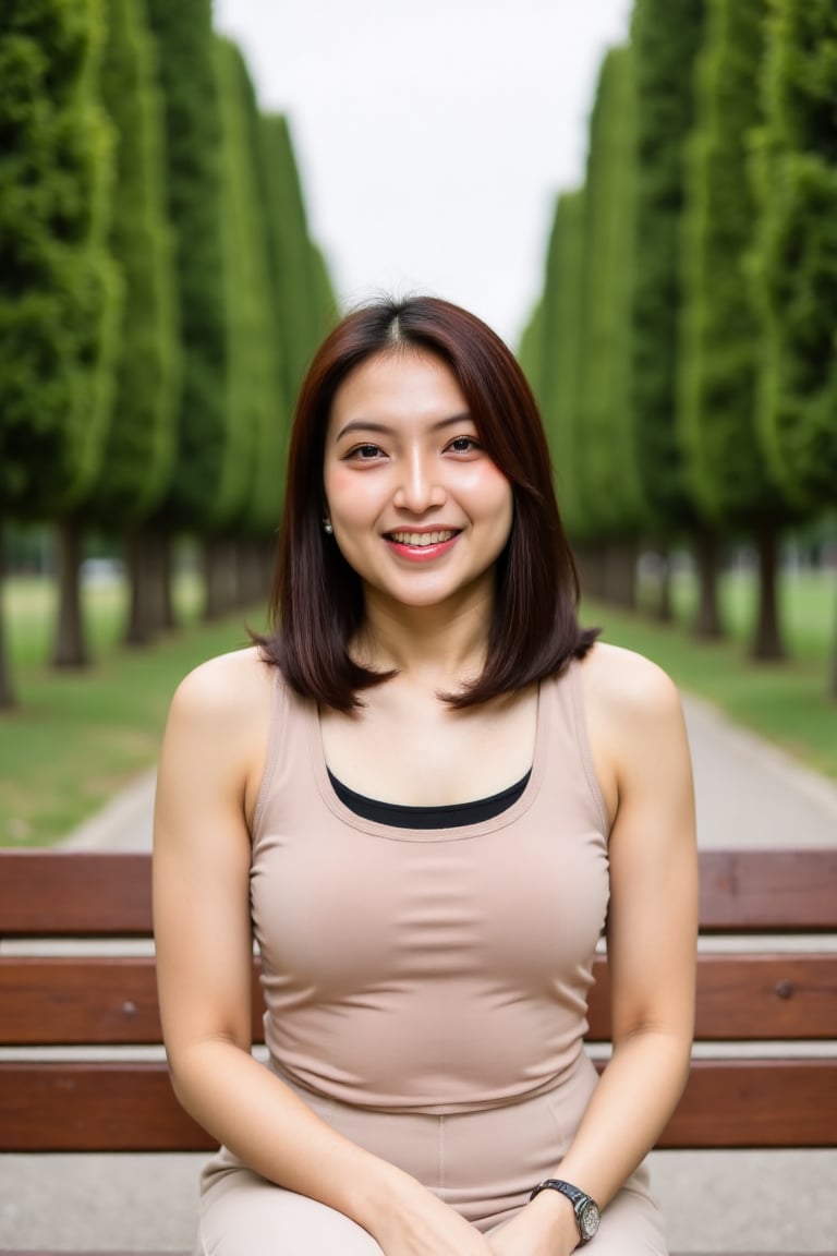 The image shows a woman sitting on a wooden bench in a park. She is wearing a beige workout attire. Her hair is medium-len...