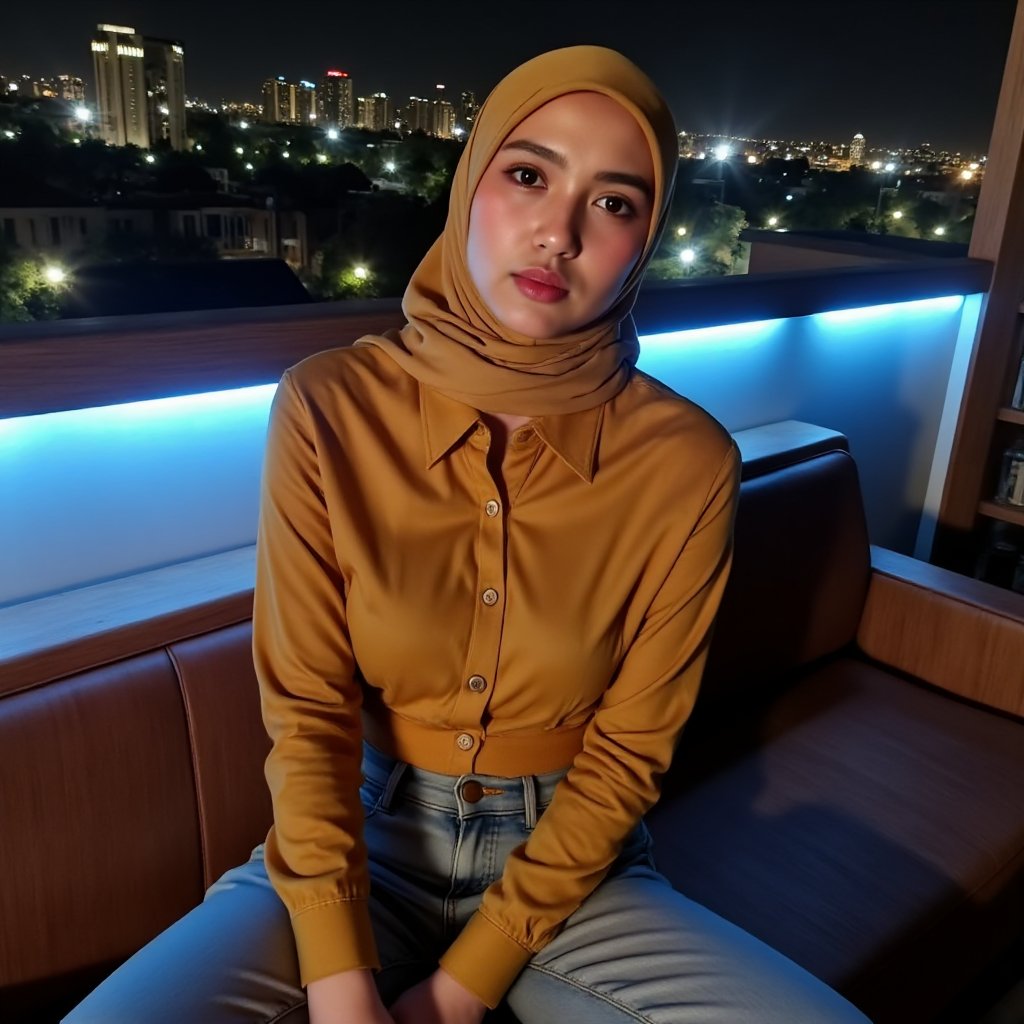 A woman named yola sitting sideways on sofa in sexy pose,  on the rooftop of a luxurious hotel with charming decorations a...