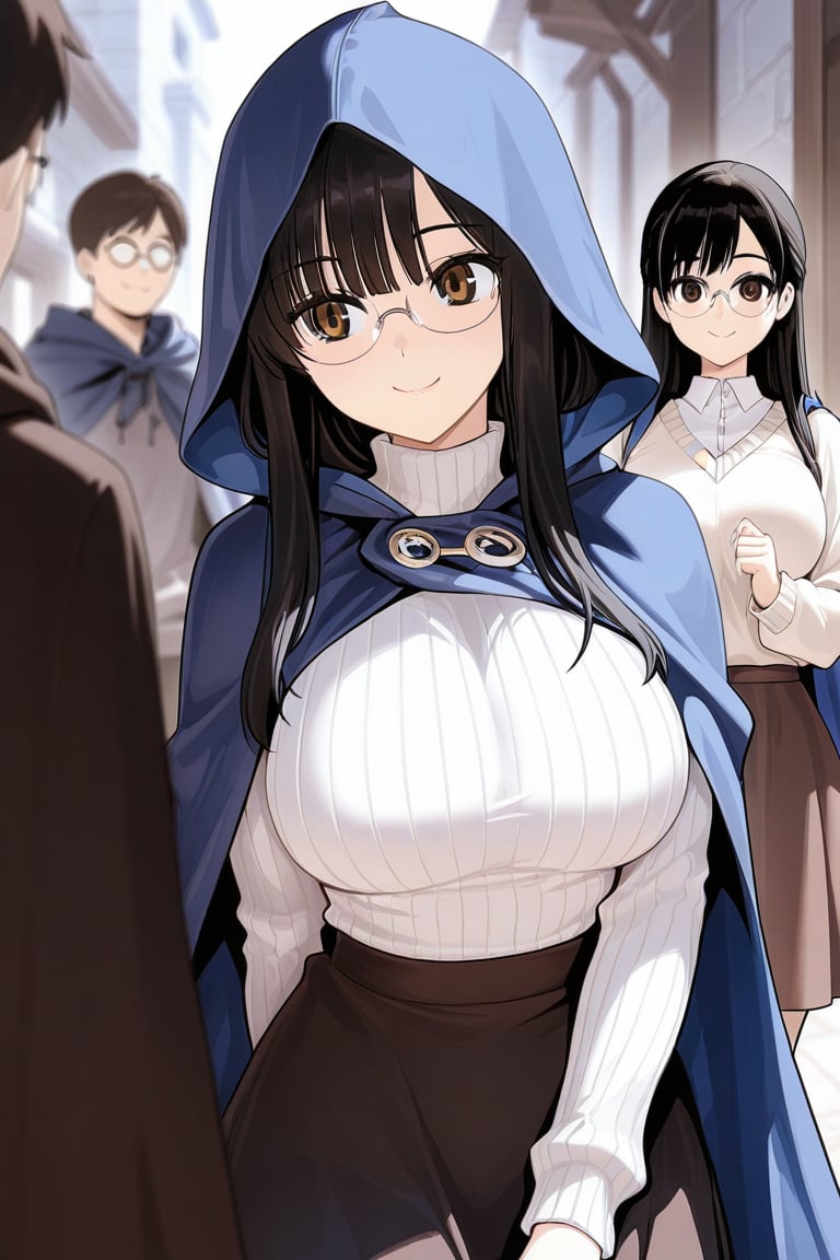 1girl long hair breasts smile bangs skirt large breasts black hair long sleeves brown eyes closed mouth glasses solo focus...