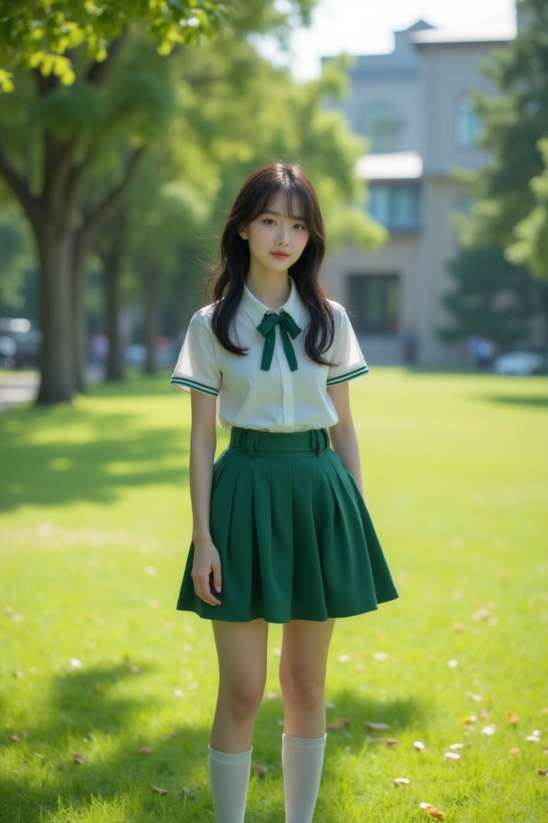 A photorealistic DSLR image of a young Asian student standing outdoors near a campus lawn bordered by trees and low academ...