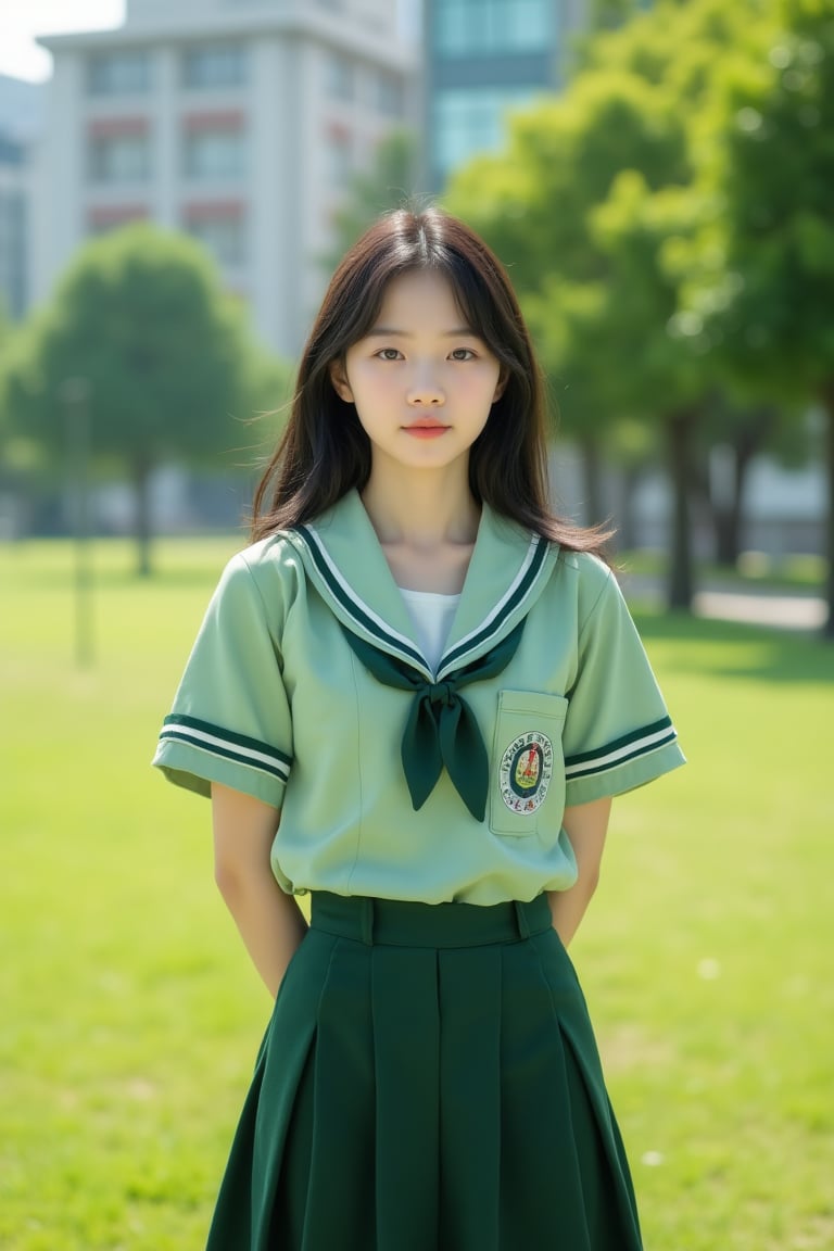 A photorealistic DSLR image of a young Asian student standing outdoors near a campus lawn bordered by trees and low academ...