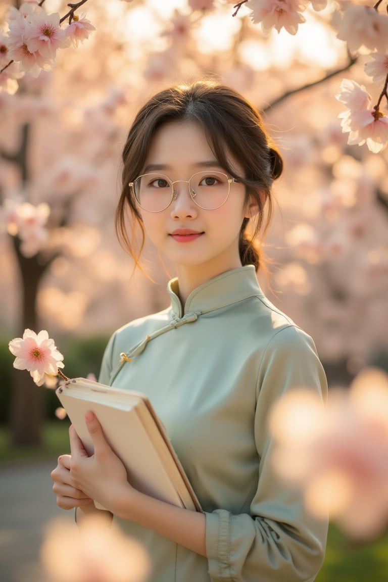 A soft-focus romantic campus portrait of a young Asian cheongsam girl standing beneath blooming spring trees,  petals drif...