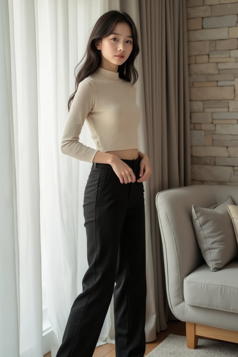 A refined residential interior scene showing a young Asian girl standing beside a large window in a modern apartment. She...