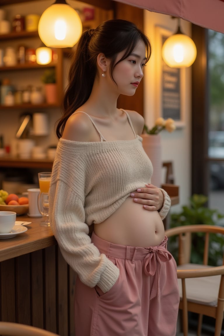 A realistic café-side scene of a young Asian marshmallow-soft girl standing under warm evening lighting. She wears a soft...
