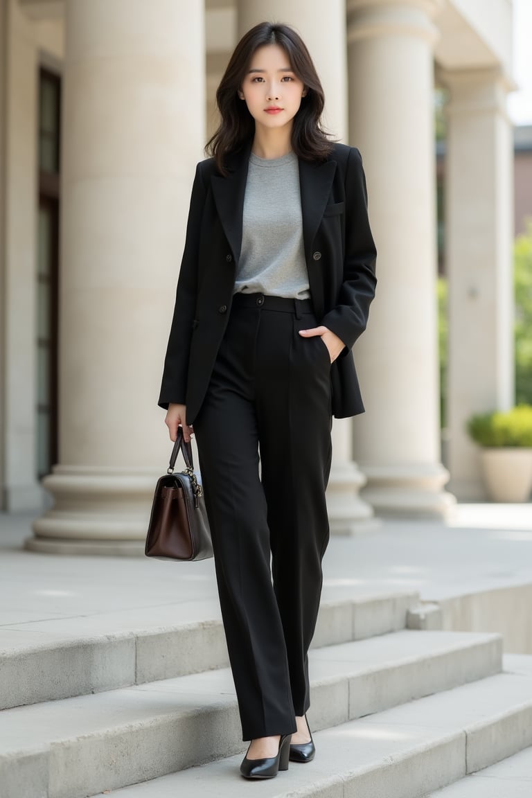 A confident East Asian girl stands on wide stone campus steps,  styled in a Korean semi-formal academic look. She wears a...