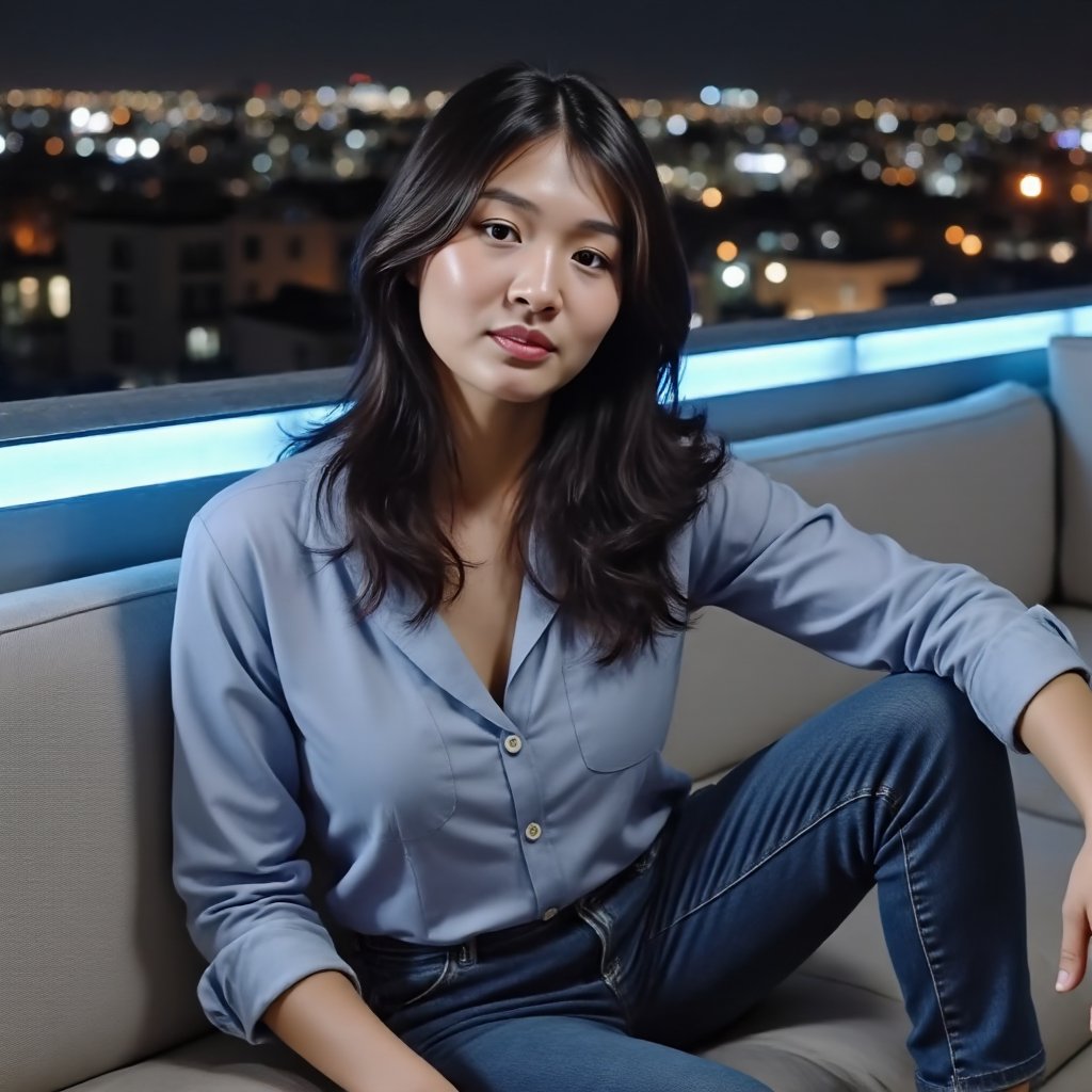 A woman named alys sitting sideways on sofa in sexy pose,  on the rooftop of a luxurious hotel with charming decorations a...