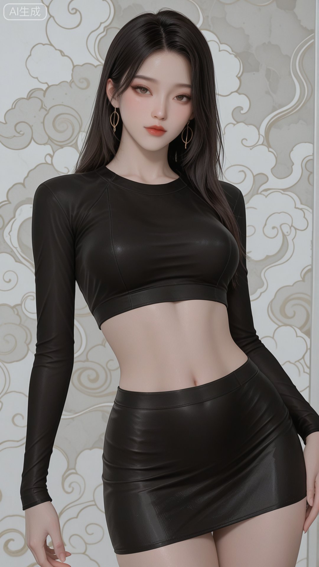 black crop top,  black bodycon skirt,  solo by 月恋-❀ on Tensor.Art