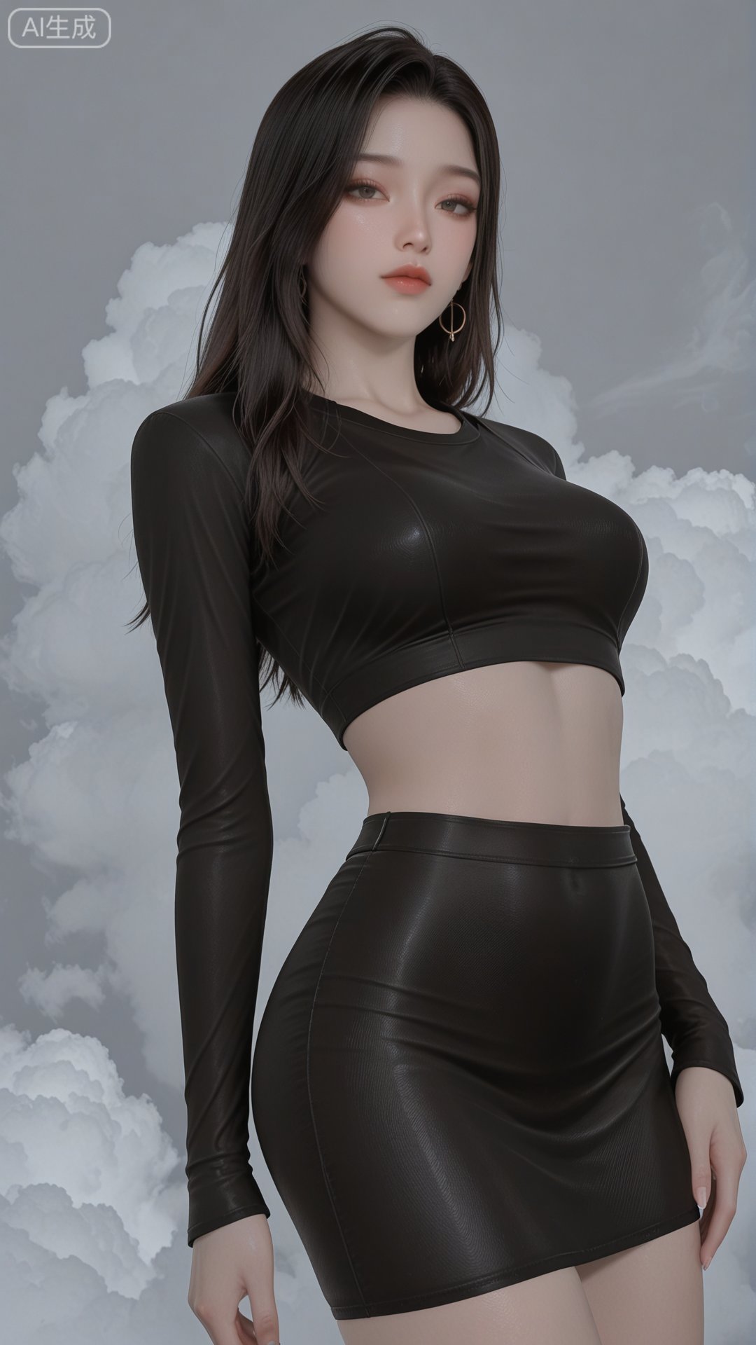 black crop top,  black bodycon skirt,  solo by 月恋-❀ on Tensor.Art