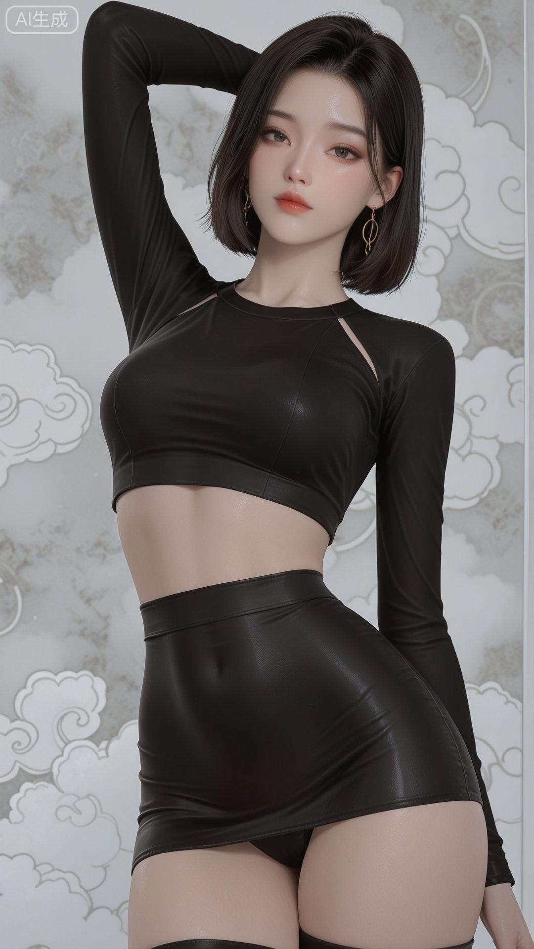 LL clothes,  black crop top,  black bodycon by 月恋-❀ on Tensor.Art