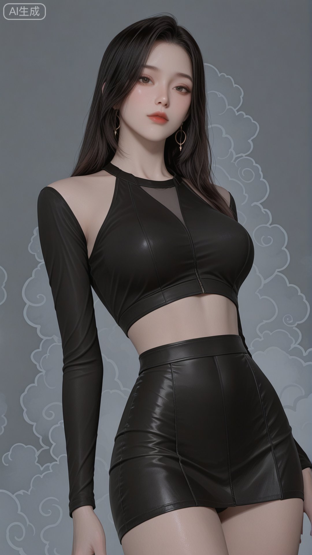 black crop top,  black bodycon skirt,  solo by 月恋-❀ on Tensor.Art