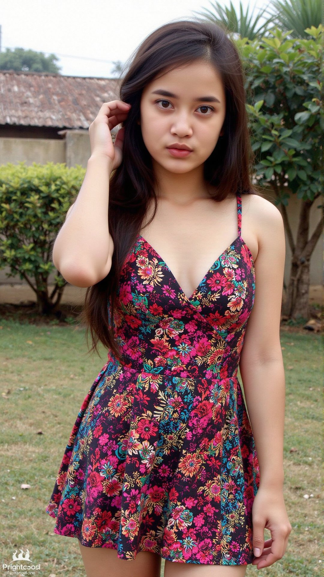 a seductive teen indonesian girl wearing seductive sensual sexy bright slutty micro dress with deep cleavage. She is posin...