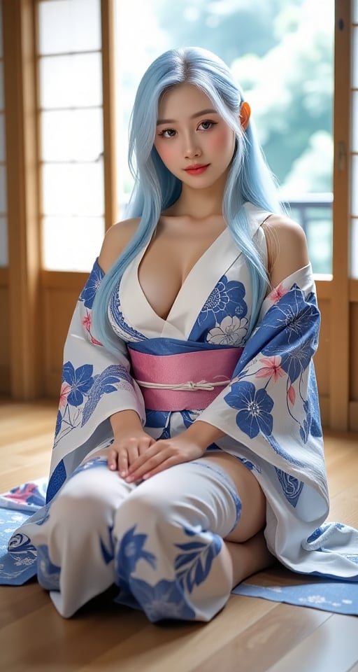 1girl solo long hair breasts looking at viewer large breasts blue hair ass sitting white hair japanese clothes barefoot in...