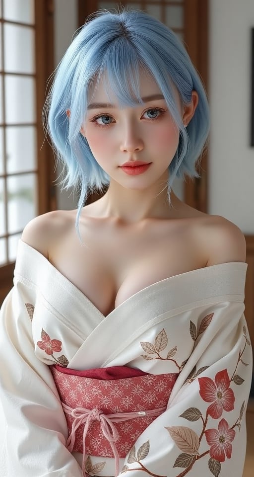 1girl solo breasts looking at viewer short hair large breasts blue hair white hair japanese clothes kimono off shoulder he...