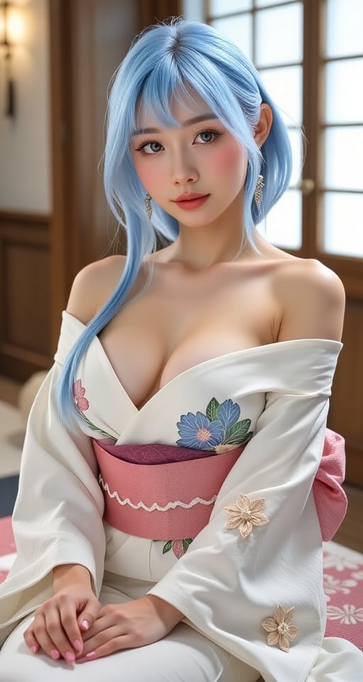 1girl solo breasts looking at viewer bangs large breasts bare shoulders sitting blue hair white hair sidelocks japanese cl...