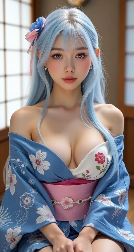 1girl solo breasts looking at viewer bangs large breasts bare shoulders sitting blue hair white hair sidelocks japanese cl...