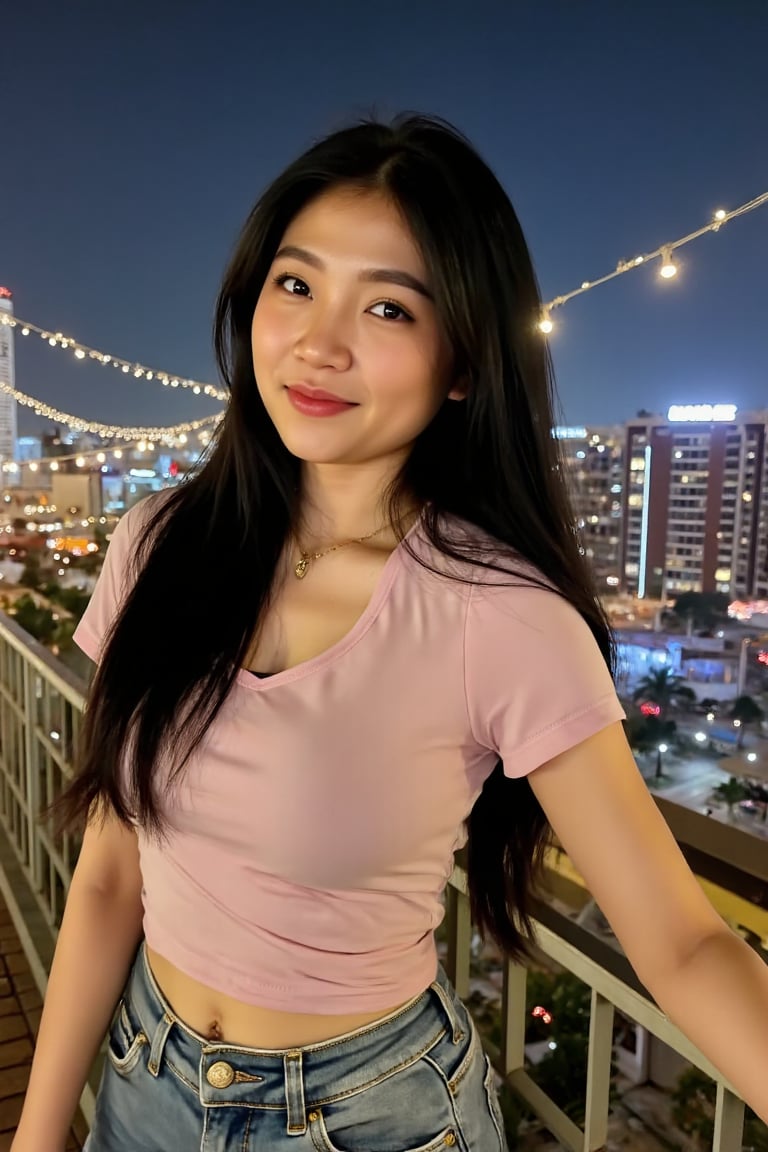 A woman named irene leaning against fences in sexy pose,  on the rooftop of a luxurious hotel with charming decorations an...