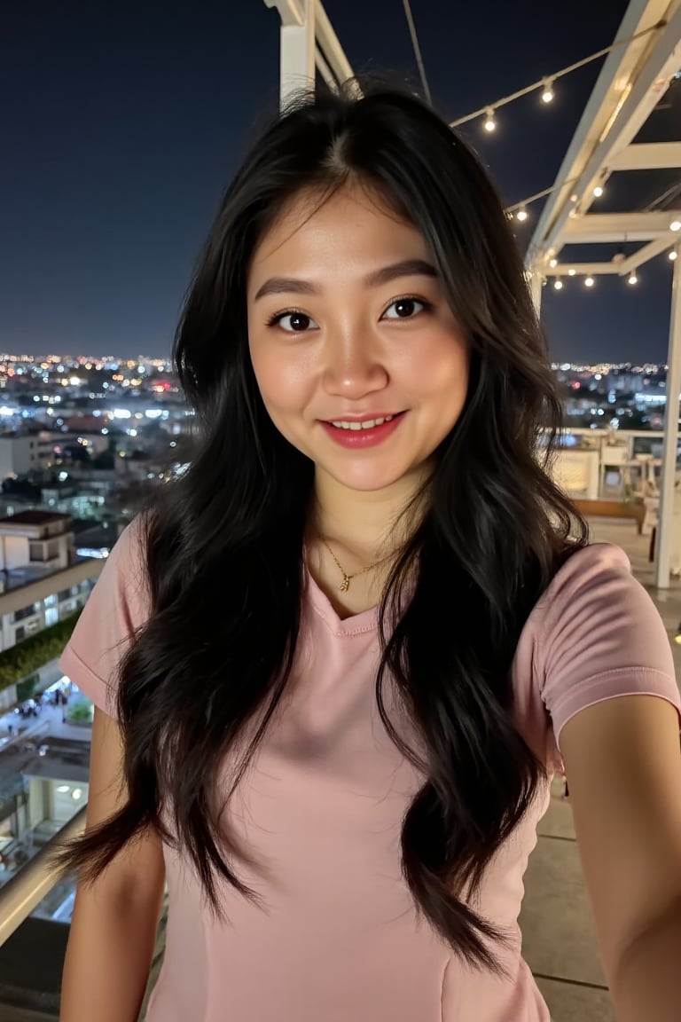 A woman named irene,  on the rooftop of a luxurious hotel with charming decorations and the twinkling lights of the city's...