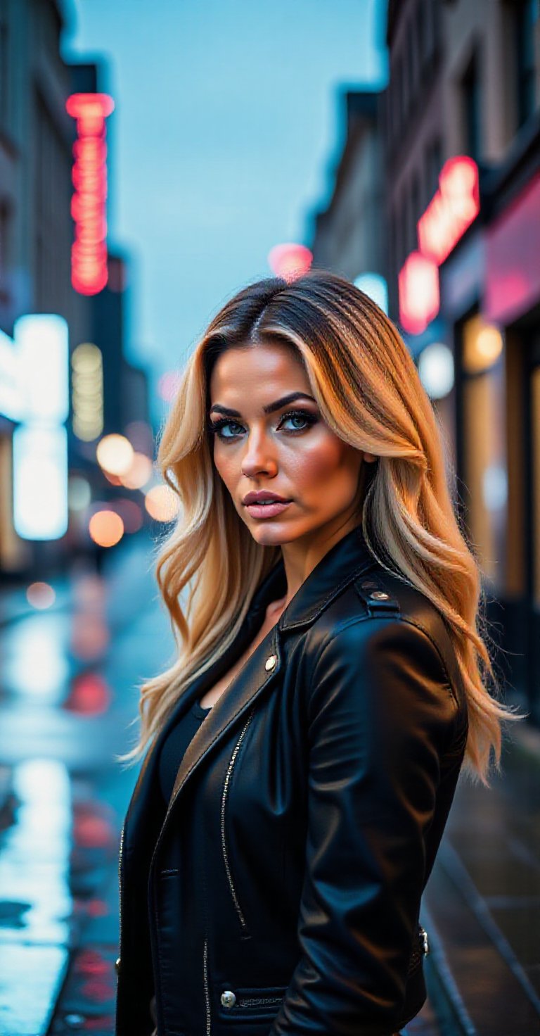 A woman's confident gaze pierces through the futuristic MAZE scanner's sleek glass surface,  her long blonde hair flowing...