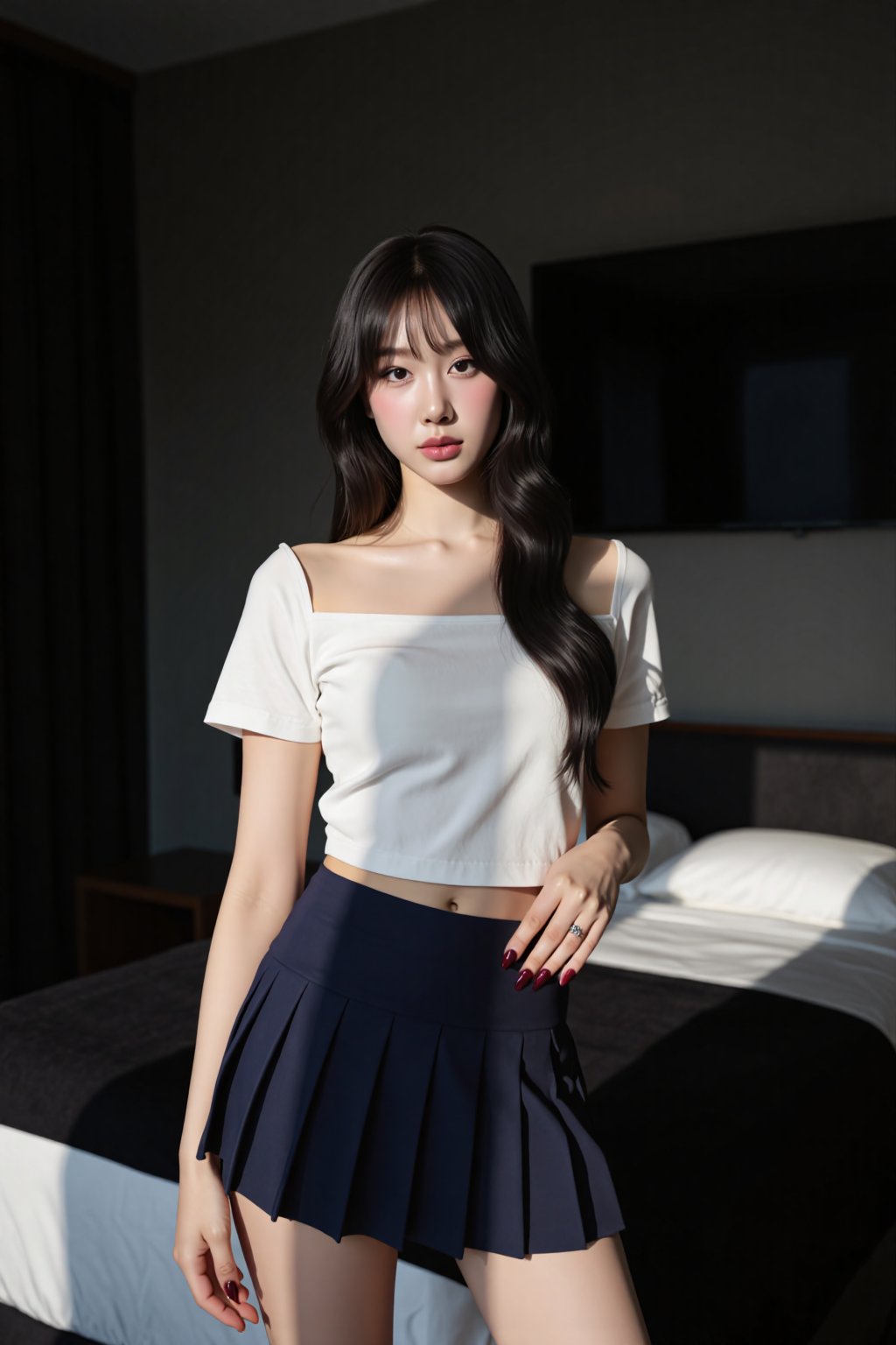 A cinematic and softly lit portrait of pharita. long black hair with bangs. stands in the center of the frame,  She looks...