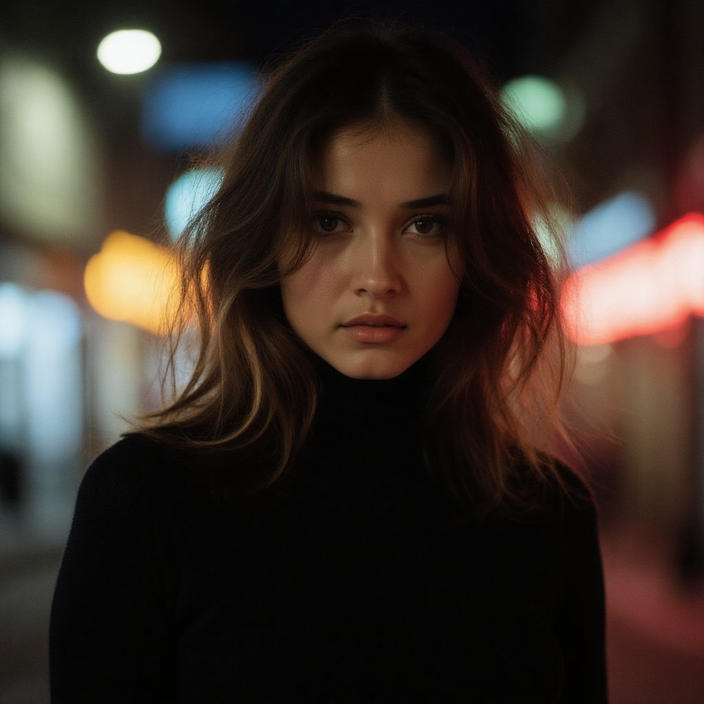 { "prompt": "a young woman captured in a waist-up medium shot at night,  camera positioned several feet away for a clear u...