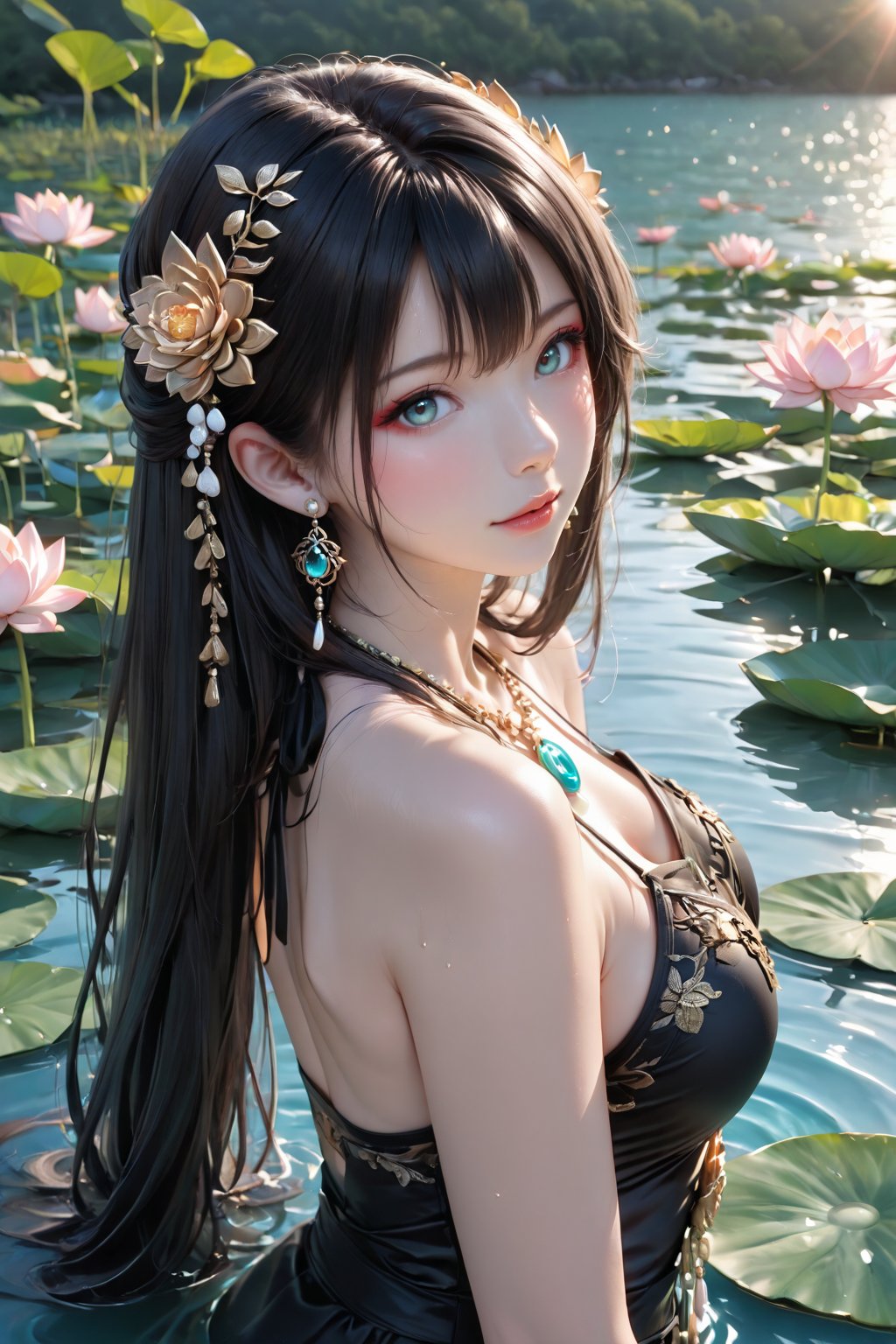 1girl solo long hair looking at viewer black hair hair ornament bare shoulders jewelry upper body flower earrings water ne...