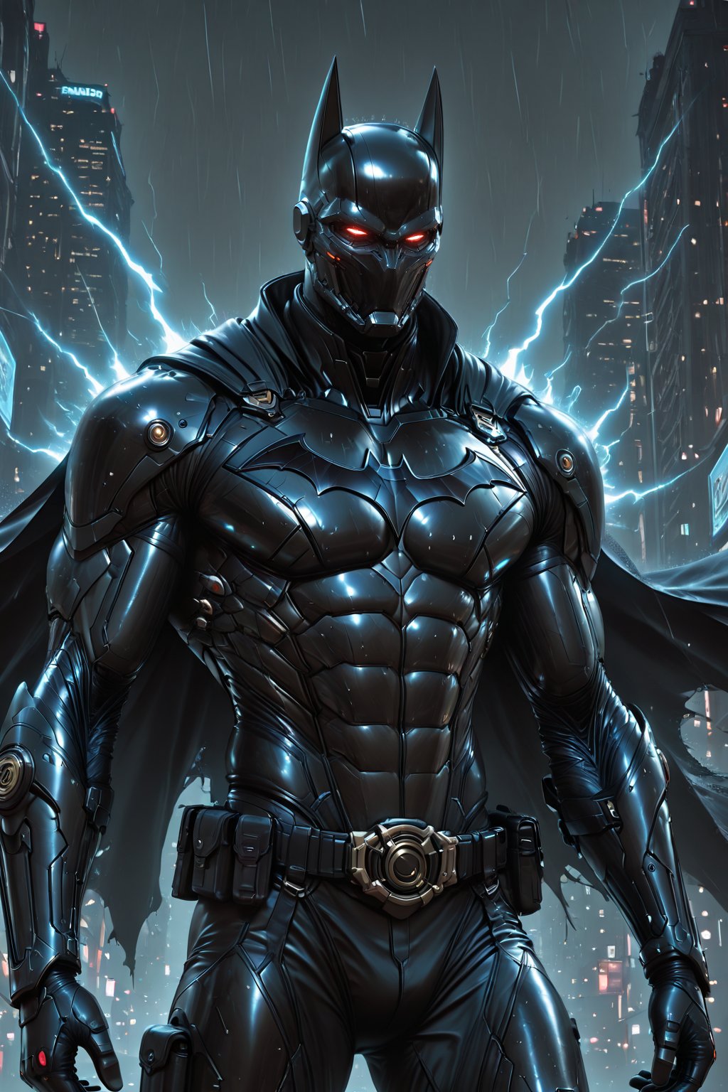 perfect fusion of Batman and a shadow-tech arcane warrior,  muscular male body with hyper defined anatomy,  reinforced arm...