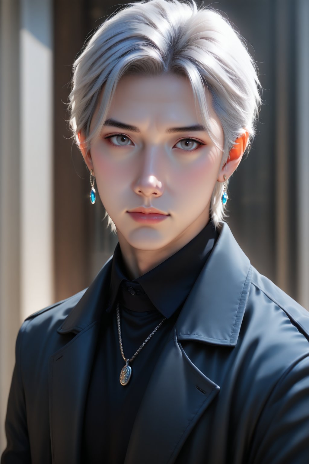 ........... ,  solo looking at viewer short hair blue eyes shirt 1boy jewelry closed mouth jacket upper body white hair gr...