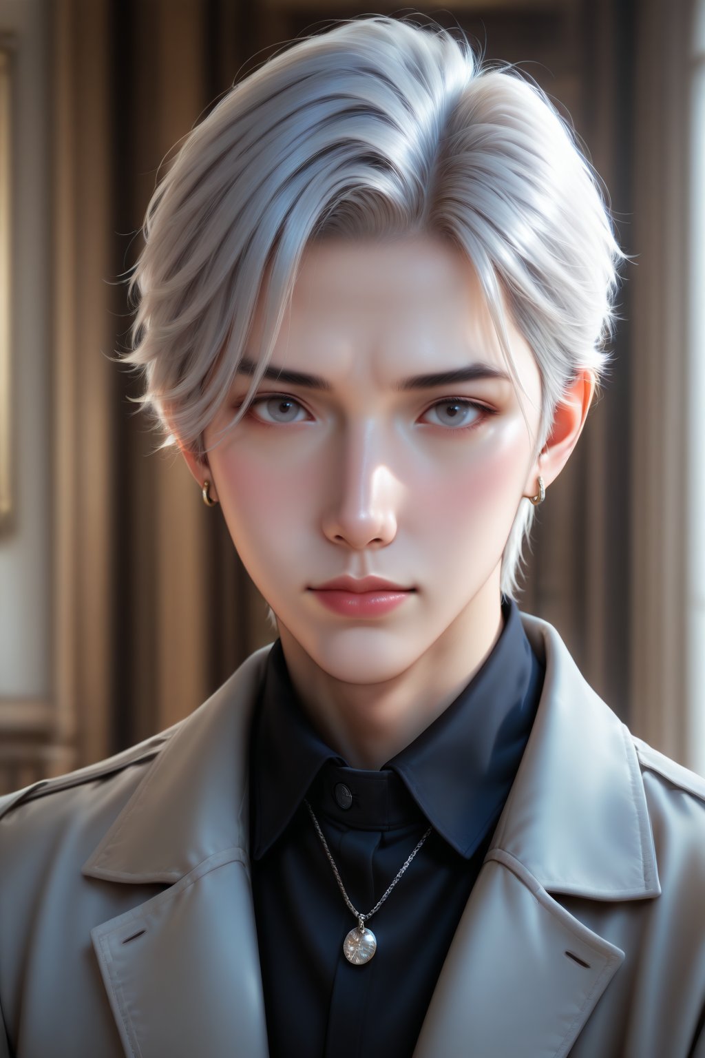 ........... ,  solo looking at viewer short hair blue eyes shirt 1boy jewelry closed mouth jacket upper body white hair gr...