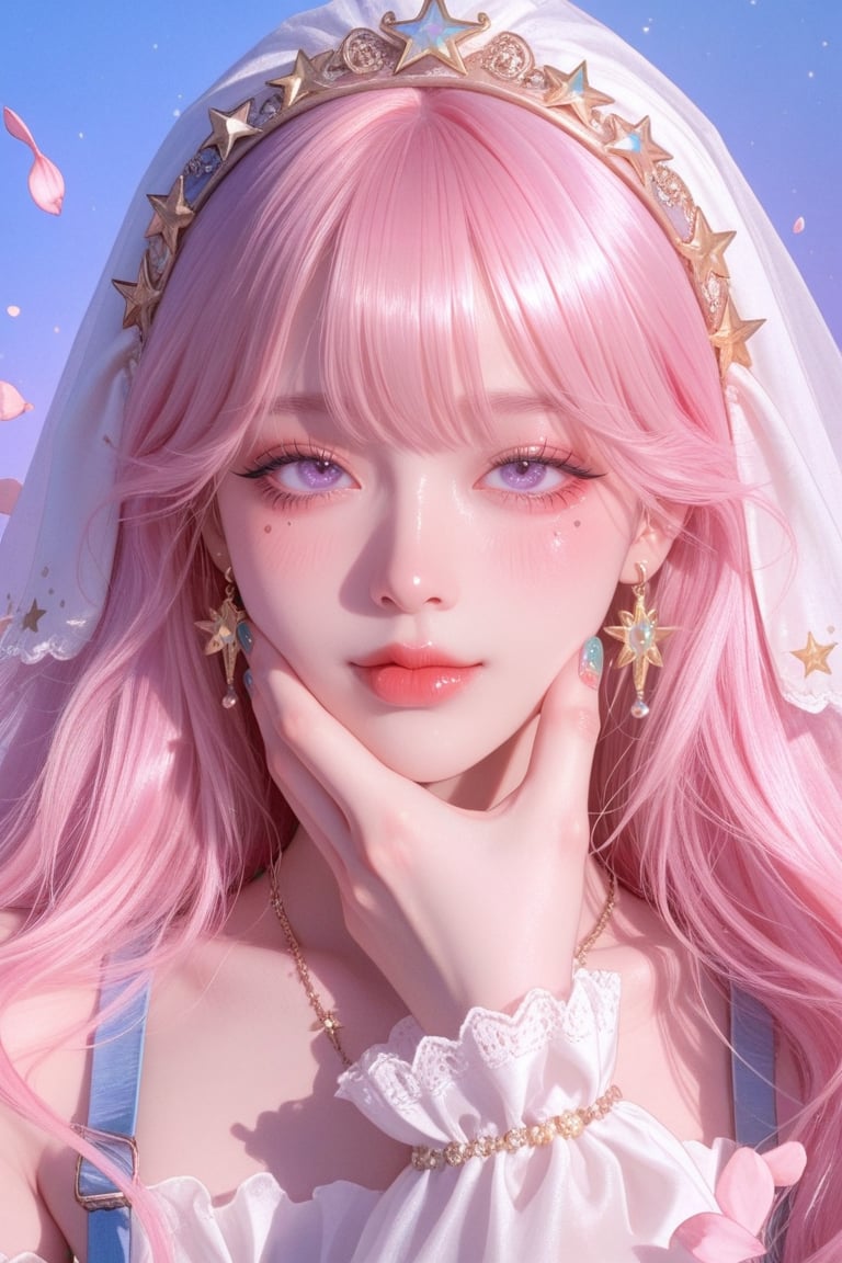 A highly dreamy digital art portrait of a young girl. Her body is covered with a gorgeous,  blue - pink gradient interwove...
