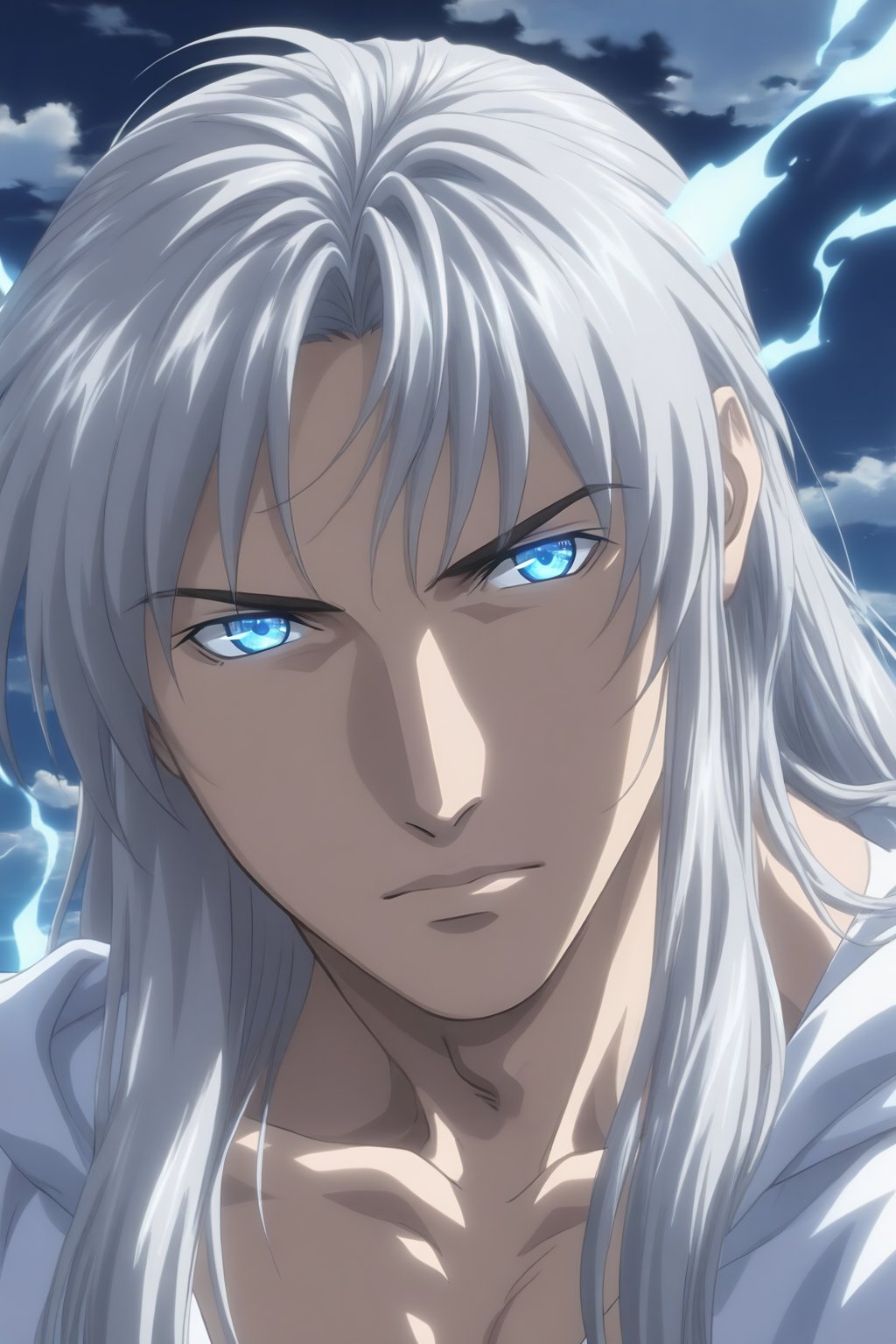 noble young man with flawless sharp features,  long flowing silver hair shining in the light,  bright blue determined eyes...