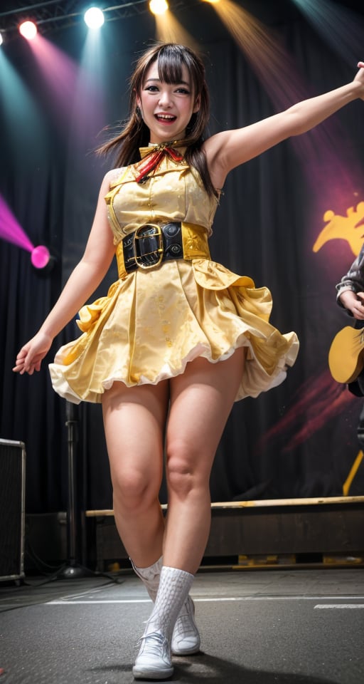 A beautiful female idol takes center stage,  captured in a close composition from mid-thigh upwards to highlight her dynam...