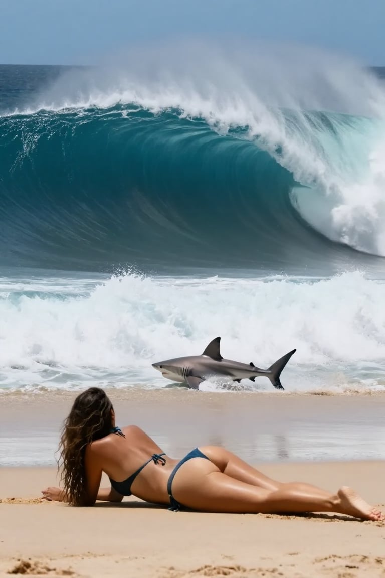 A women lying in an beach,  large tsunami is appearing. A shark is surfing in the wave by Not_Juanamala on Tensor.Art
