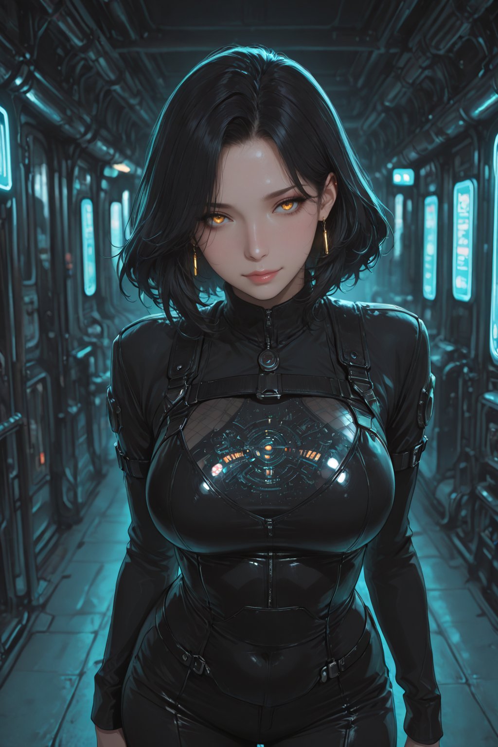 .......... A beautiful woman with short black hair stands confidently,  illuminated by a cool,  neon atmosphere. Focus on...