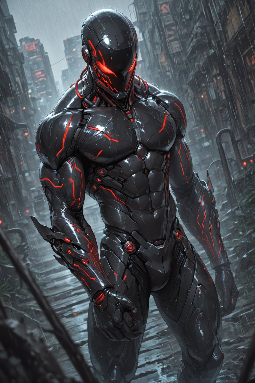 .......... ,  Rain streaks down grimy walls as a sleek cyborg crouches in the gloom. His metallic limbs reflect neon signs...