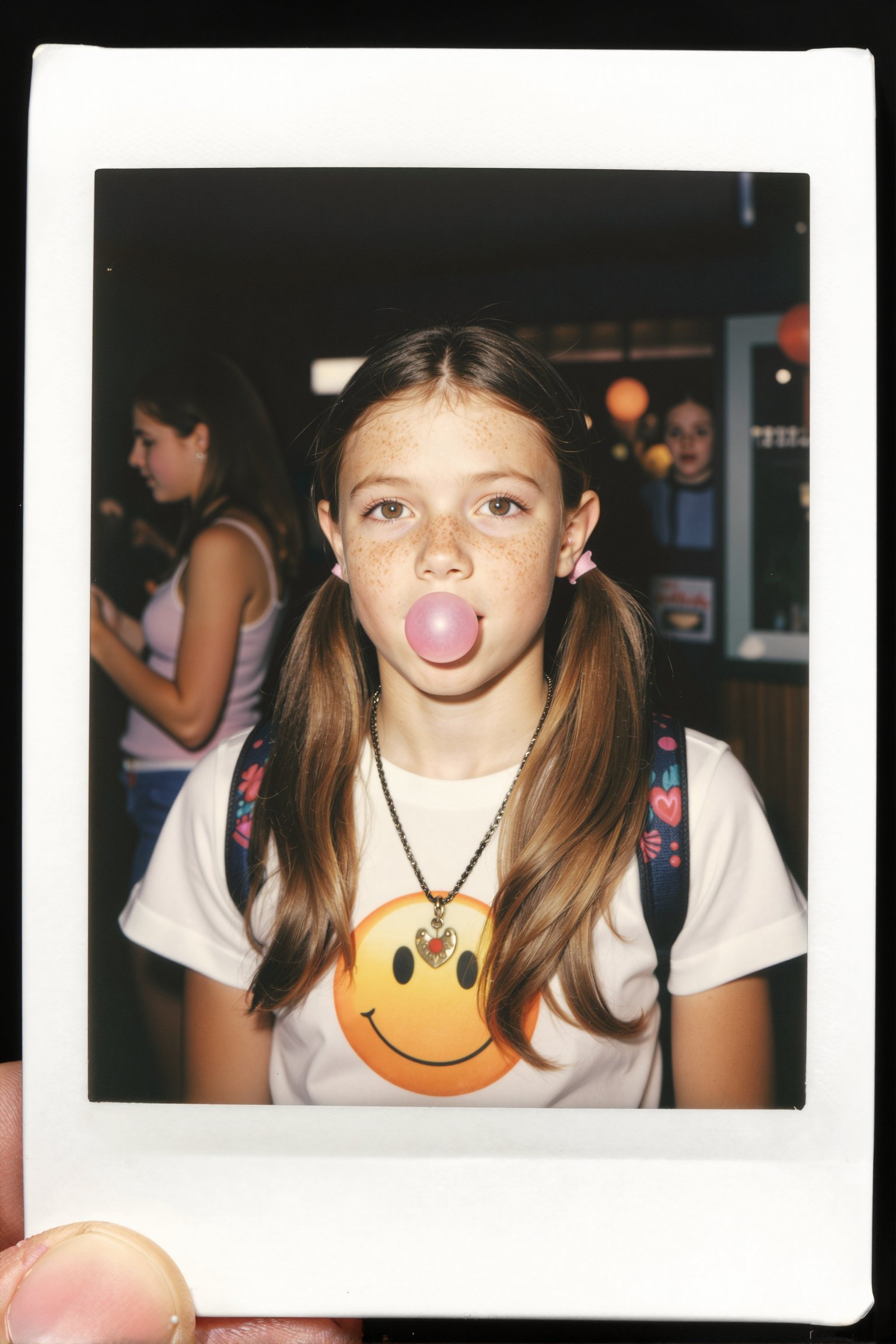 Create a 1970's Polaroid photo of a young freckled girl with long hair tied back,  blowing a pink gum bubble while glancin...
