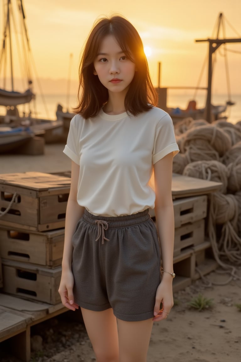A cinematic sunset photograph of a young Asian girl standing near stacked fishing crates and nets in a small seaside villa...
