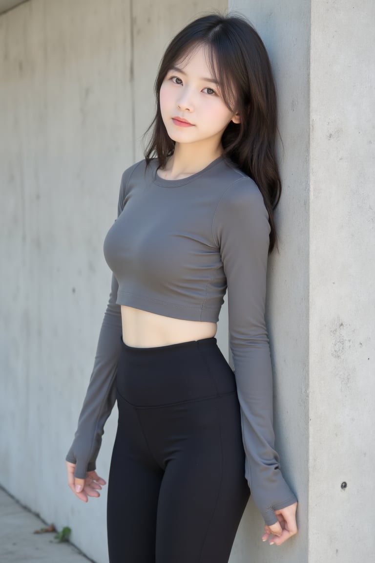 A stylish East Asian girl leans lightly against a smooth concrete wall,  dressed in a soft charcoal-gray cropped long-slee...