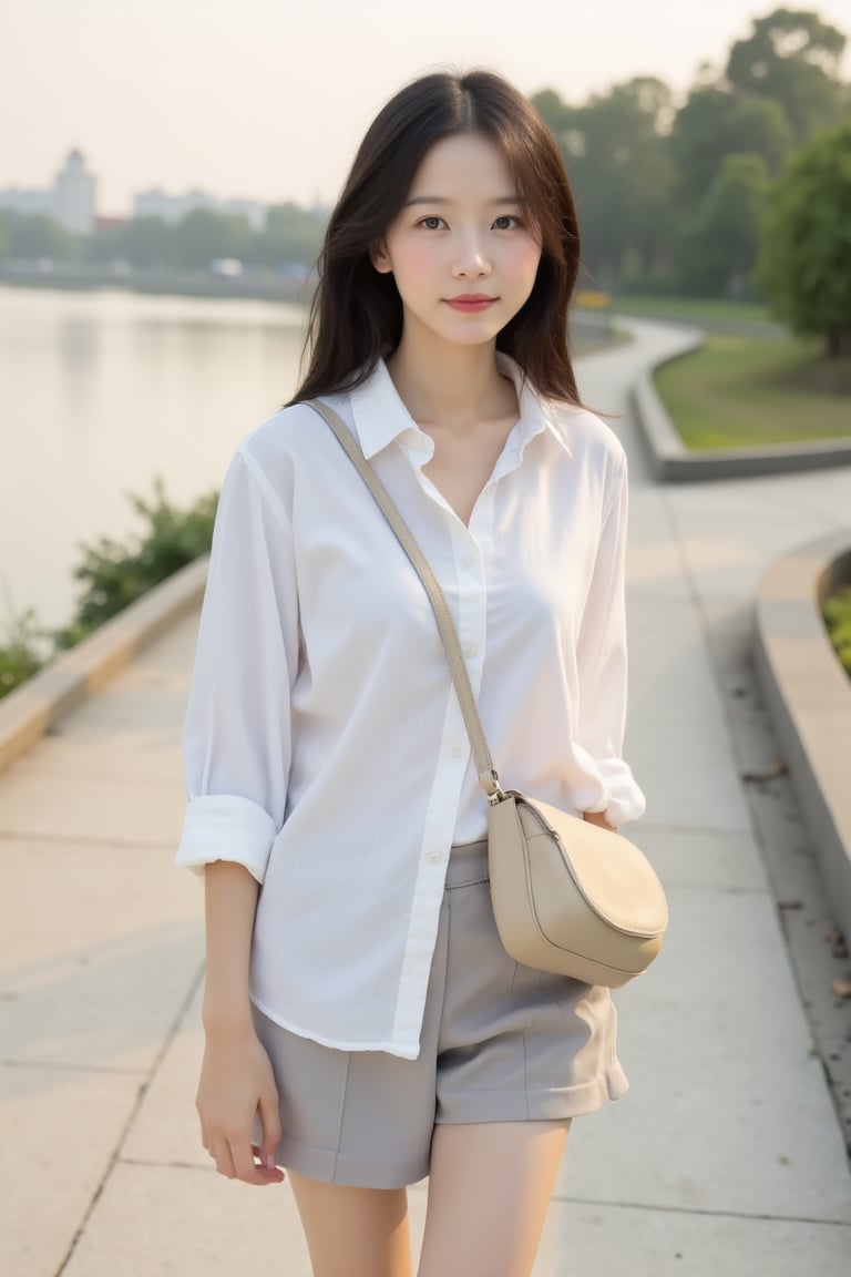 A photorealistic healing-style scene of a young Asian girl wslowly walking along a quiet riverside promenade during early...