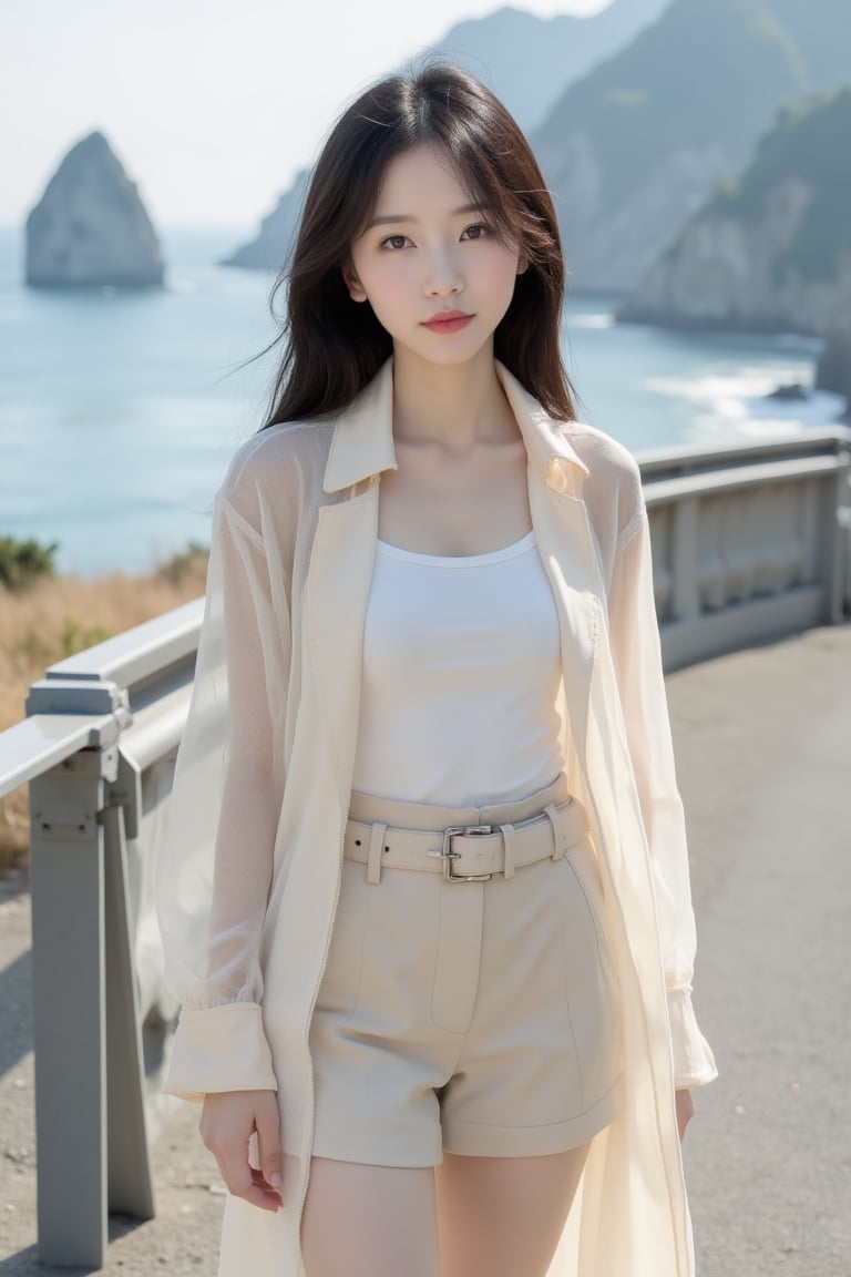 A half-body photorealistic shot of a fit young Asian girl standing by a metal barrier on a scenic coastal highway. She wea...