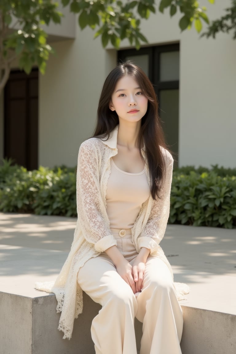 A cinematic photorealistic scene of a young Asian girl sitting quietly on a low concrete bench in a minimalist plaza. She...