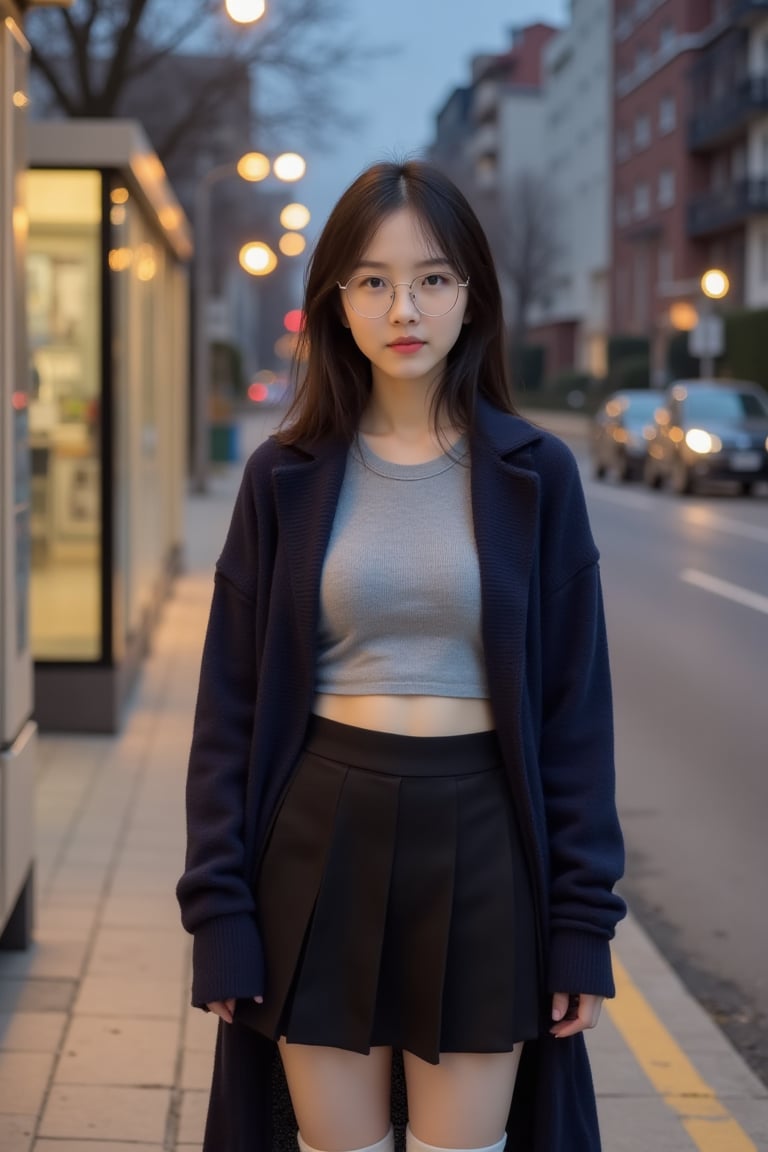 A modern lifestyle winter scene of a young Asian girl wearing delicate round metal glasses while standing near a quiet res...