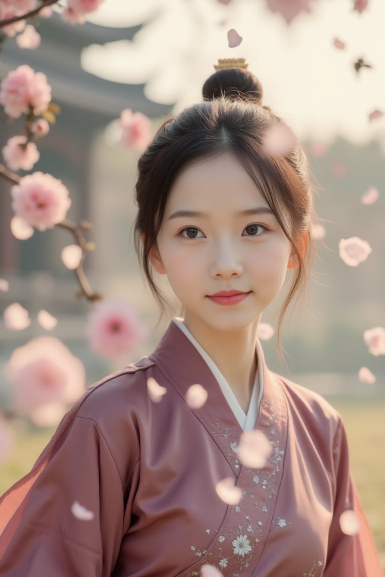 A cinematic,  ultra-realistic image of an Asian girl in Hanfu caught mid-motion as flower petals swirl past her face. Her...
