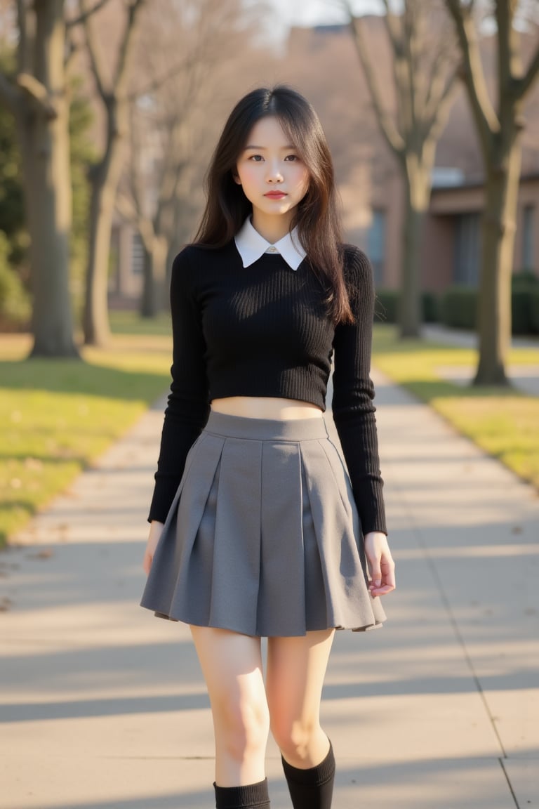 A photorealistic winter lifestyle image of a young Asian girl standing at a campus walkway lined with trees. She wears a f...