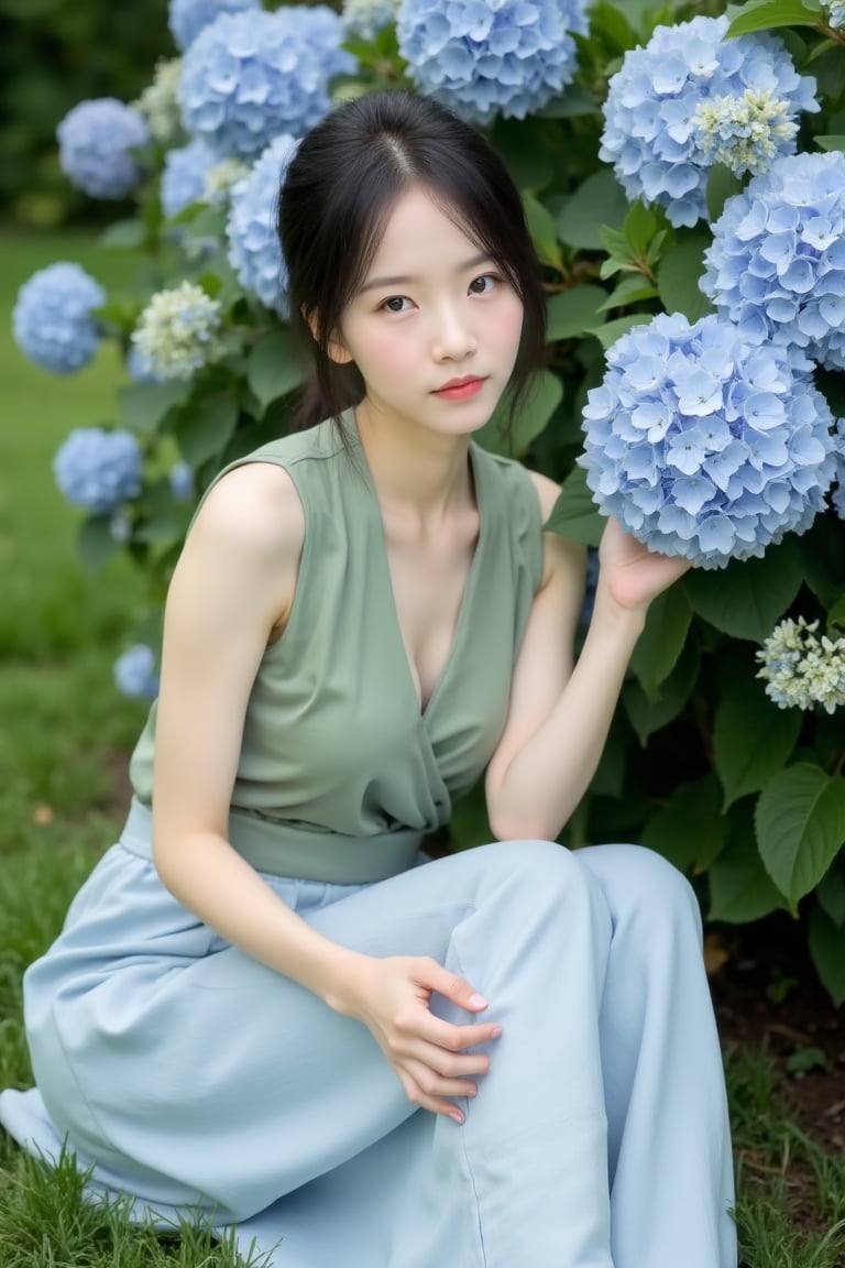 An East Asian girl ais photographed seated beside a large hydrangea bush under soft midday cloud-filtered light. She wears...