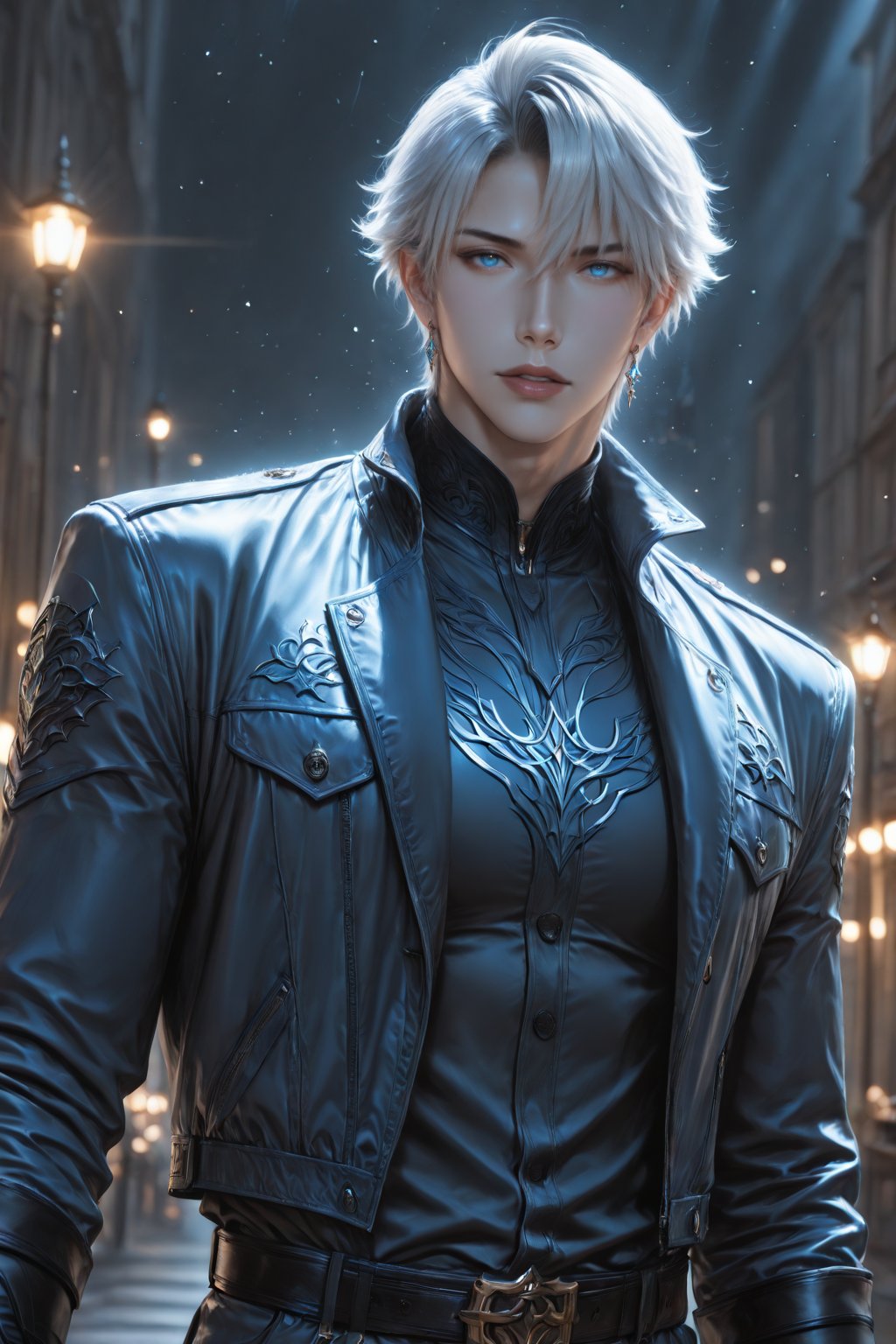 .......... 1 men,  solo looking at viewer short hair bangs blue eyes shirt 1boy jewelry jacket white shirt upper body whit...