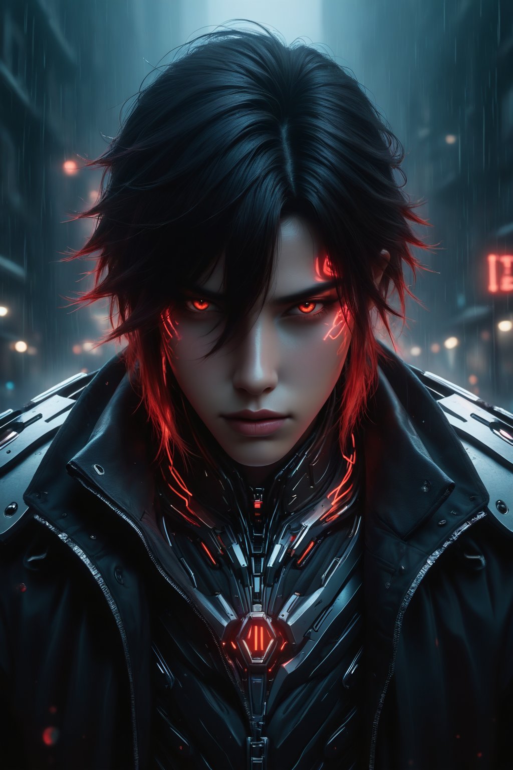 ........ ),  ,  Rain streaks down grimy walls as a sleek cyborg crouches in the gloom. His metallic limbs reflect neon sig...