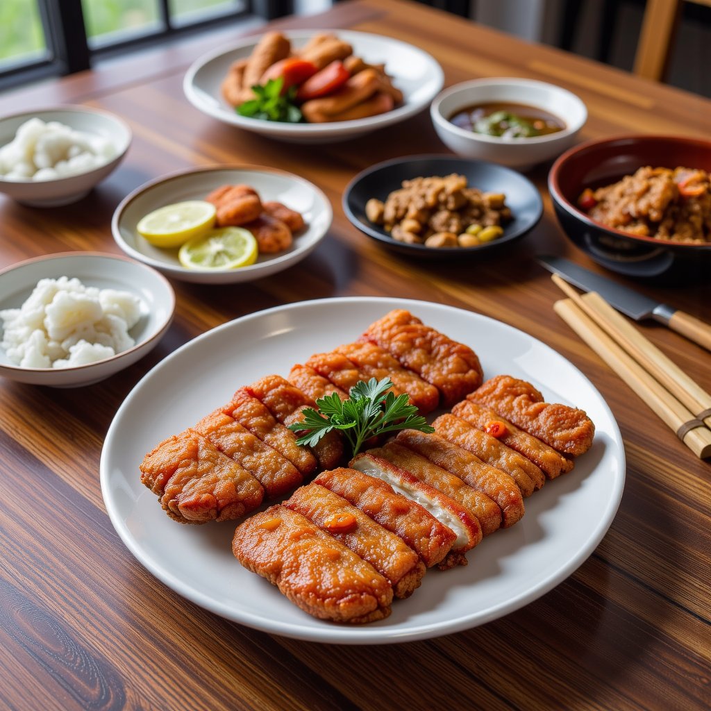 Ultra-realistic food photography,  premium culinary photography featuring Taiwanese Red Yeast Pork (Red Yeast Pork) as the...