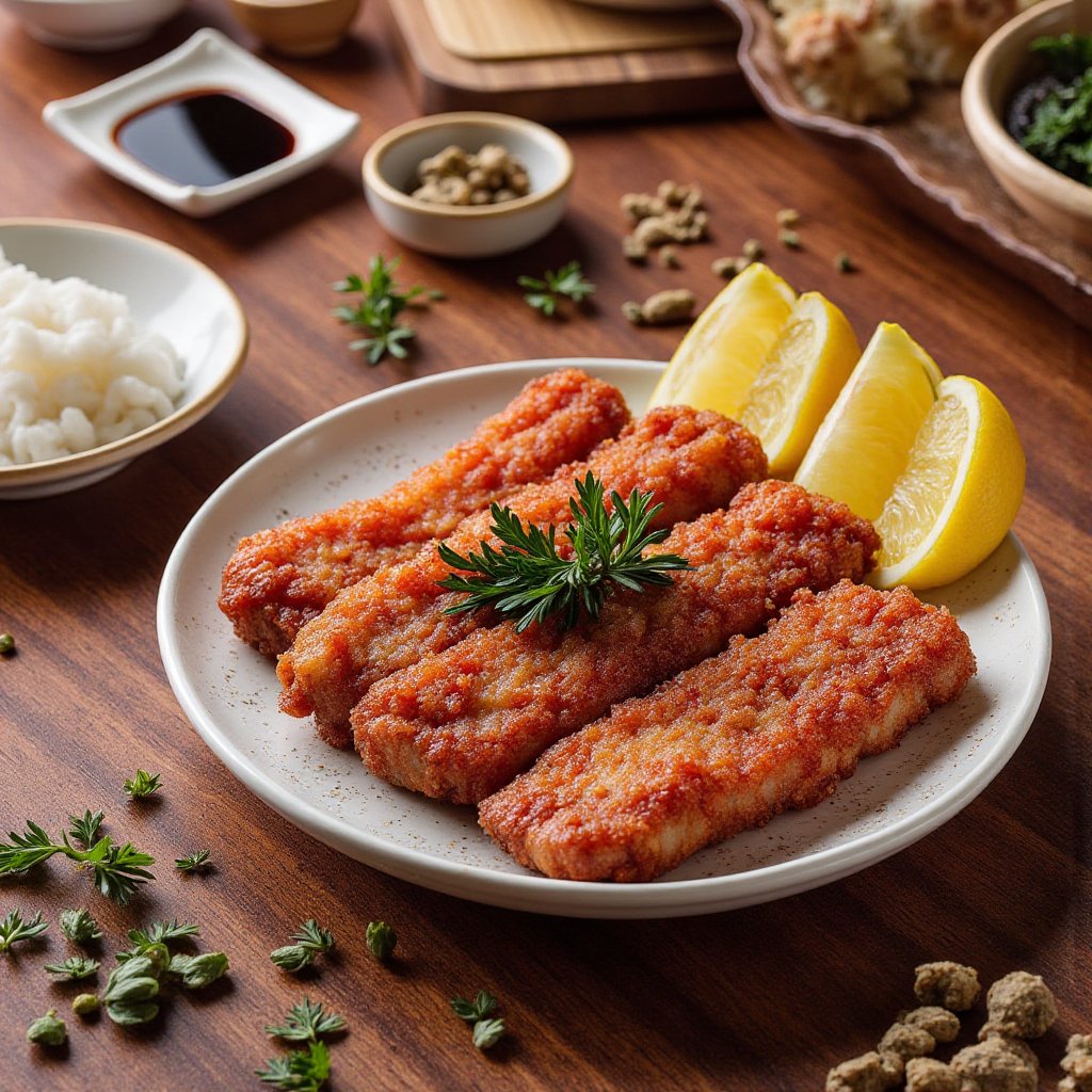 Ultra-realistic food photography,  premium culinary photography featuring Taiwanese Red Yeast Pork (Red Yeast Pork) as the...
