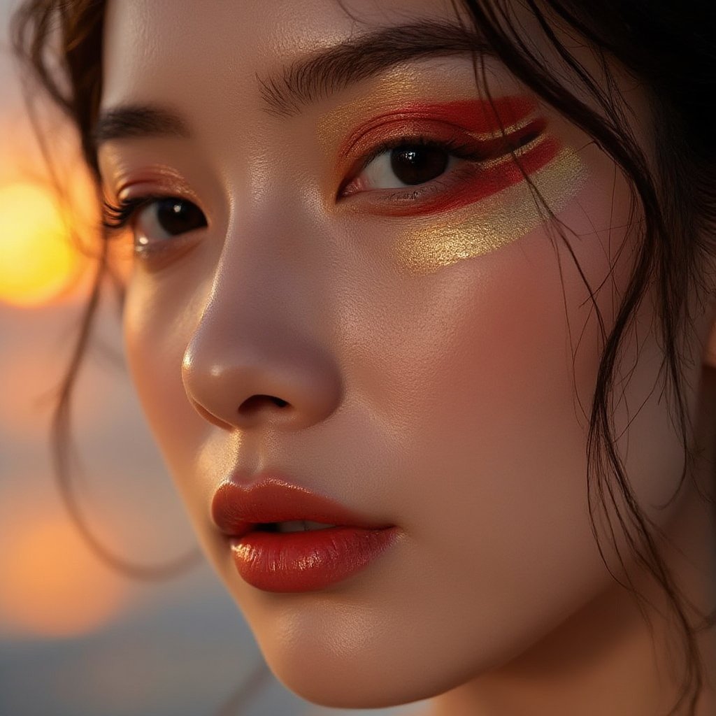 An ultra-close-up macro photograph of an Asian woman's face,  focusing on the left side. She has one eye slightly closed....