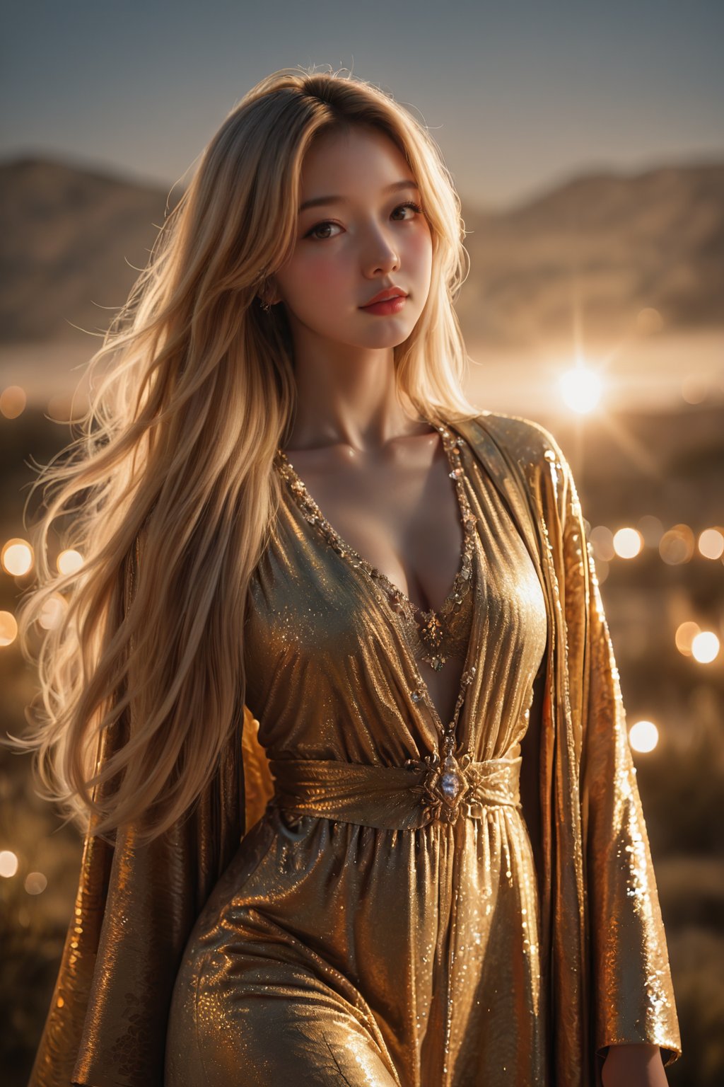 ........... Close-up of a beautiful goddess with glowing golden eyes and long flowing hair,  wearing ornate golden robes w...